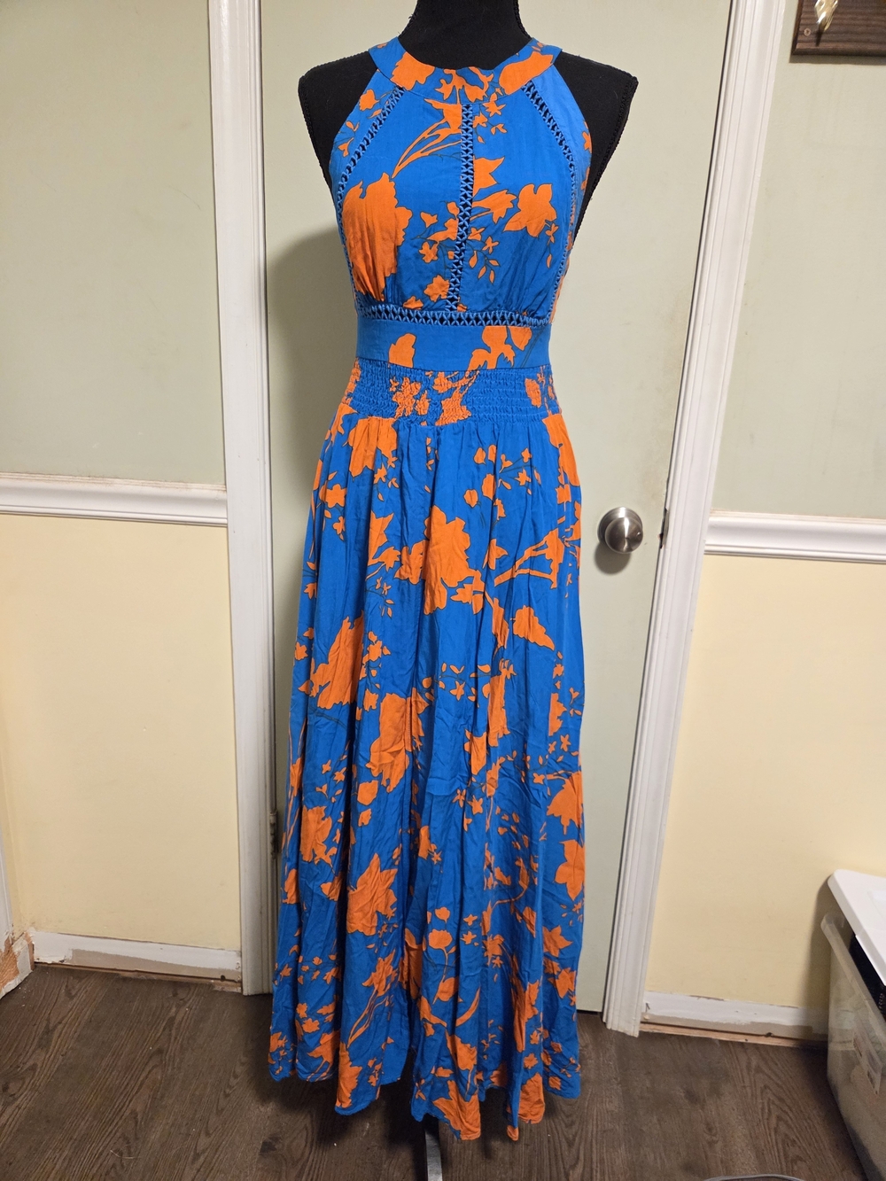 Blue & Orange Floral Halter Maxi Dress
